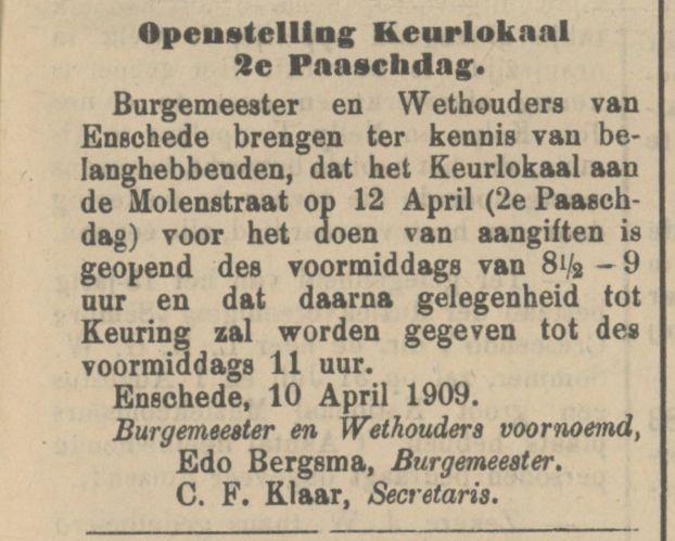 Molenstraat Keurlokaal krantenbericht Tubantia 16-4-1909.jpg