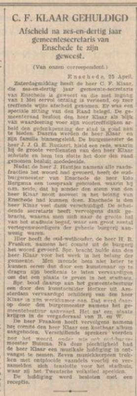 Langestraat stadhuis afscheid gemeentesecretaris C.F. Klaar krantenbericht 26-4-1936.jpg