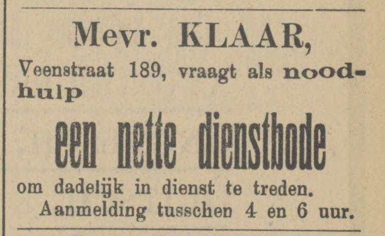 Veenstraat 189 Mevr. Klaar advertentie Tubantia 8-9-1908.jpg