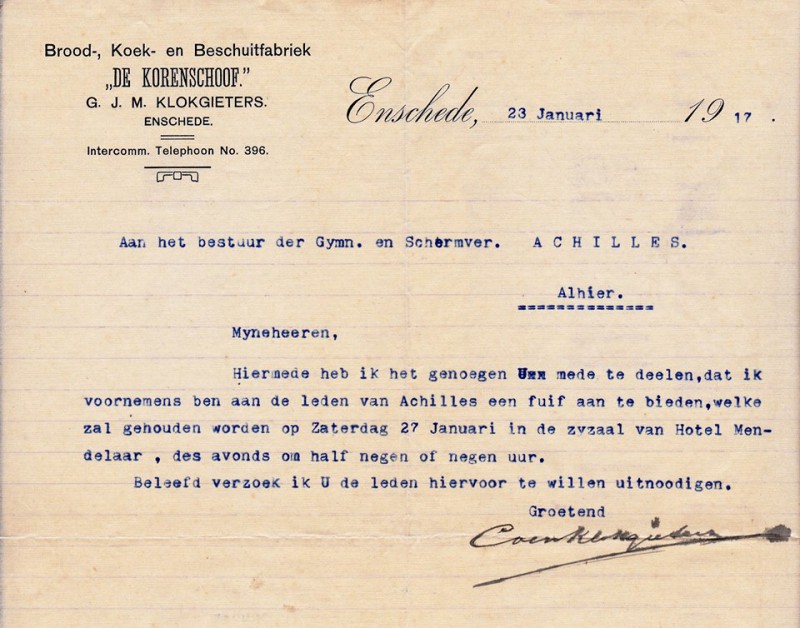 Lipperkerkstraat Brood-, Koek- en Beschuitfabriek De Korenschoof G.J.M. Klokgieters brief 1917.jpg