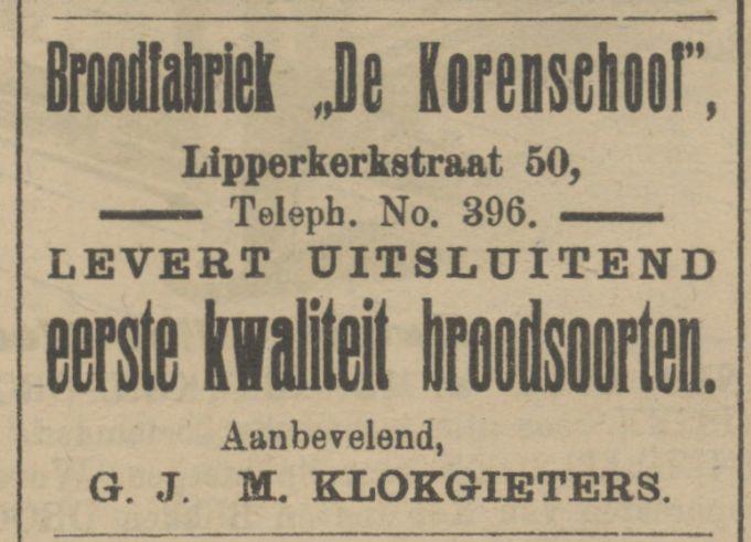 Lipperkerkstraat 50 Broodfabriek De Korenschoof G.J.M. Klokgieters advertentie Tubantia 6-9-1906.jpg