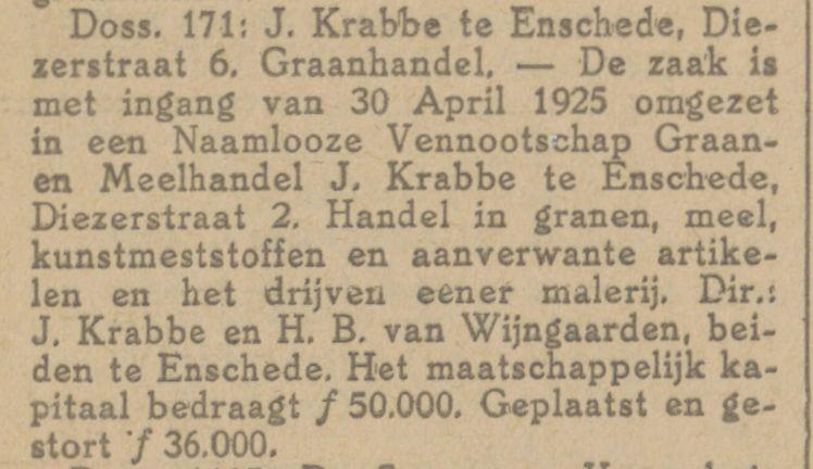Diezerstraat 2 J. Krabbe Graanhandel krantenbericht Tubantia 26-6-1925.jpg
