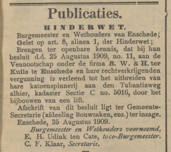 Tubantiaweg firma B.W. & H. ter Kuile krantenbericht Tubantia 26-8-1909.jpg