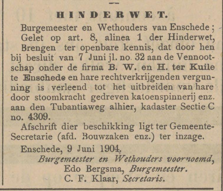 Tubantiaweg firma B.W. & H. ter Kuile krantenbericht Tubantia 11-6-1904.jpg
