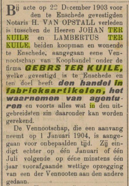 Gebrs. Ter Kuile handel in fabrieksartikelen advertentie Tubantia 31-12-1903.jpg