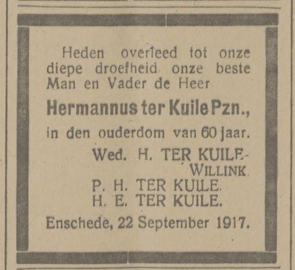 Hermannus ter Kuile Pzn. overlijdensadvertentie Tubantia 22-9-1917.jpg
