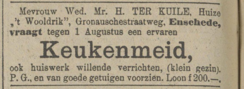 Gronauschestraatweg Huize 't Wooldrik Mevr. Wed. Mr. H. ter Kuile advertentie Tubantia 31-5-1917.jpg