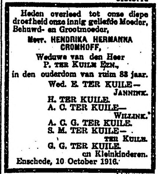 Hendrika Hermanna Cromhoff wed. P. ter Kuile overlijdensadvertentie 11-10-1916.jpg