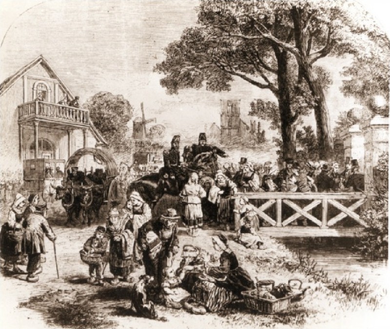 Stroomarkt Afbeelding van tekening Uitdeling dekens na de brand van 1862 op de stromarkt. Rechts poortje in de Walstraat..jpg