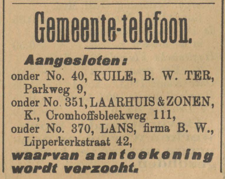 Cromhoffsbleekweg 111 K. Laarhuis & Zonen advertentie Tubantia 11-4-1903.jpg