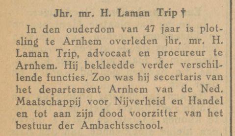 Jhr. Mr. H. Laman Trip overleden krantenbericht Tubantia 21-8-1928.jpg