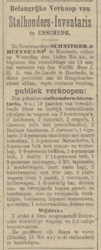 Hengelosestraat Stalhouderij Van De Lande advertentie Provinciale Overjsselsche en Zwolsche Courant 10-5-1919.jpg