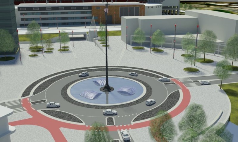 Het ontwerp voor het nieuwe plein voor het station Drienerlo. Het kunstwerk op de zuil wordt echter geen voetballer. Tekening: Gemeente Enschede