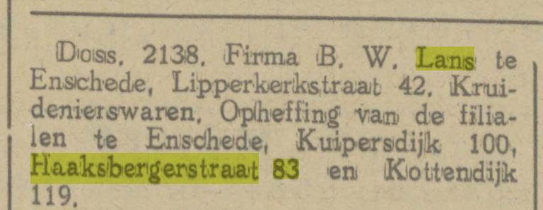 Haaksbergerstraat 83 Firma B.W. Lans krantenbericht 12-2-1926.jpg