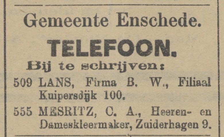 Kuipersdijk 100 Firma B.W. Lans advertentie Tubantia 20-11-1909.jpg