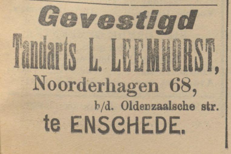 Noorderhagen 68 L. Leemhorst tandarts advertentie Tubantia 12-10-1909.jpg