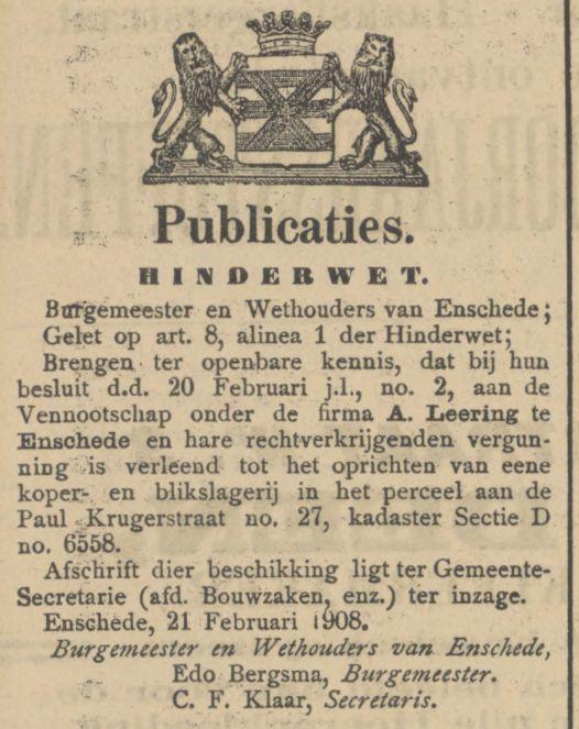 Paul Krugerstraat 27 Fa. A. Leering koper- en blikslagerij krantenbericht Tubantia 28-2-1908.jpg
