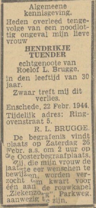 H. Brugge-Tuender overlijdensadvertentie Twentsch nieuwsblad 24-2-1944.jpg