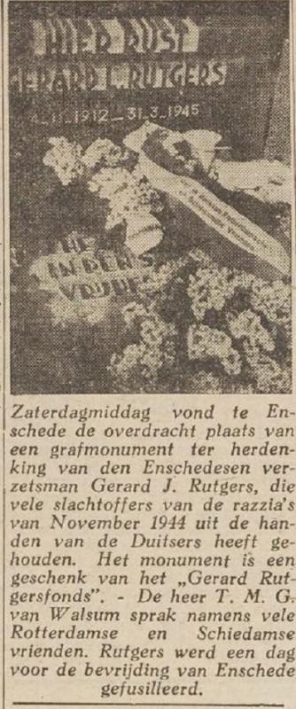 Grafmonument verzetsman Gerard L. Rutgers krantenfoto Vrije Volk 1-4-1946.jpg