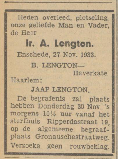Ripperdastraat 19 A. Lengton overlijdensadvertentie Tubantia 28-11-1933.jpg