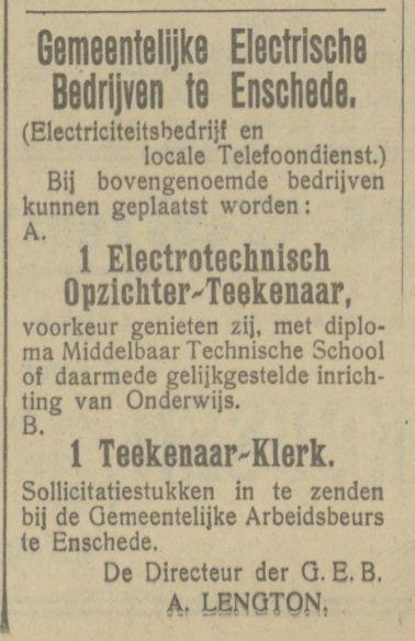 A. Lengton directeur Gemeentelijke Electrische Bedrijven advertentie Tubantia 12-5-1921.jpg