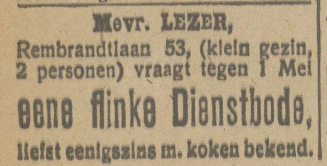 Rembrandtlaan 53 Mevr. Lezer advertentie Tubantia 18-1-1919.jpg