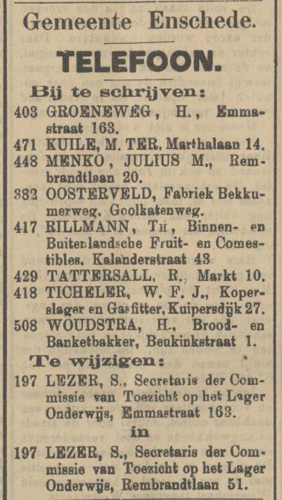 Rembrandtlaan 51 S. Lezer Secretaris der Comissie van Toezicht op het Lager Onderwijs. advertentie Tubantia 13-5-1911.jpg