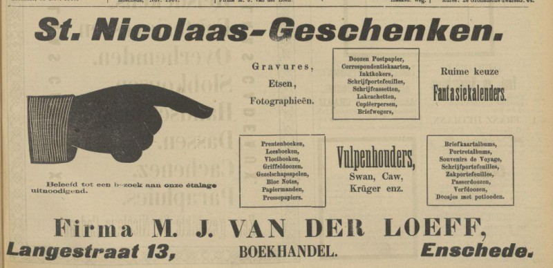 Langestraat 13 Firma M.J. van der Loeff Boekhandel. advertentie Tubantia 3-12-1907.jpg