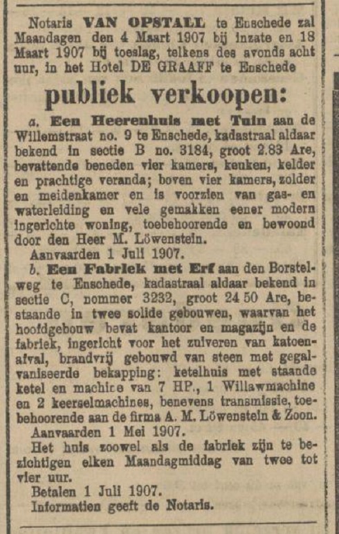 Willemstraat 9 Firma A.M. Löwenstein & Zoon advertentie Tubantia 25-2-1907.jpg