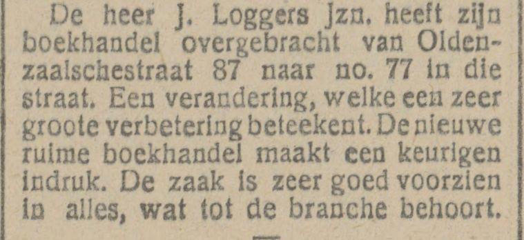 Oldenzaalsestraat 87 Boekhandel J. Loggers Jzn. krantenbericht Tubantia 14-2-1920.jpg