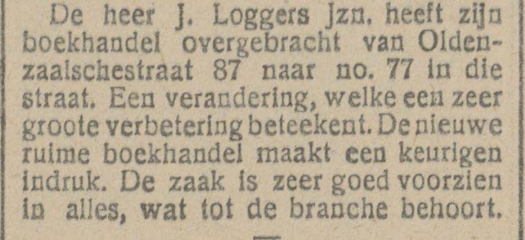 Oldenzaalsestraat 87 Boekhandel J. Loggers Jzn. krantenbericht Tubantia 14-2-1920.jpg