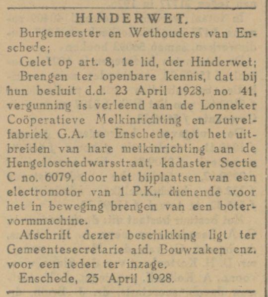 Hengeloschedwarsstraat Lonneker CoöperatieveMelkinrichting en Zuivelfabriek Hinderwet Tubantia 26-4-1928.jpg