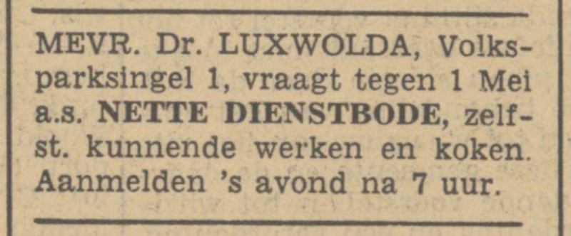 Volksparksingel 1 Mevr. Luxwolda advertentie Tubantia 30-3-1940.jpg
