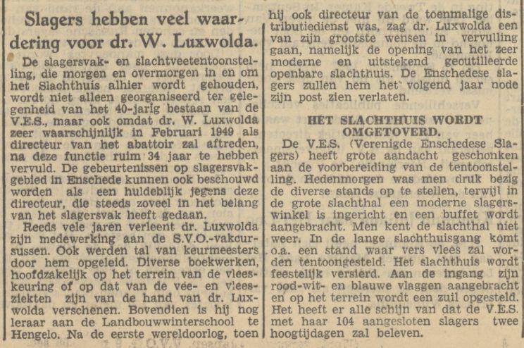 Dr. W .Luxwolda directeur Abattoir krantenbericht Tubantia 27-9-1948.jpg