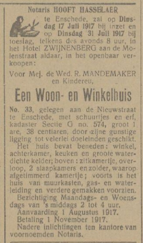 Nieuwstraat 33 R. Mandemaker advertentie Tubantia 11-7-1917.jpg