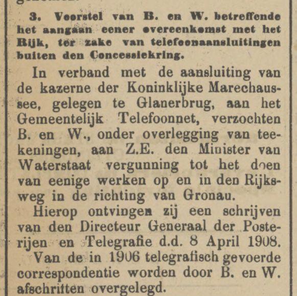 Rijksweg Glanerbrug telefoonaansluiting Marechaussee kazerne. krantenbericht Tubantia 21-5-1908.jpg