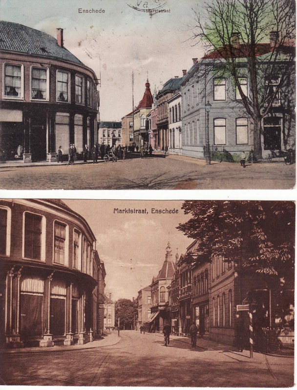 Marktstraat genomen vanaf het zelfde standpunt.Op de bovenste is nog het woonhuis van Helmich van Heek te zien dat begin 1900 werd afgebroken voor de aanleg van de Brammelerstraat.jpg