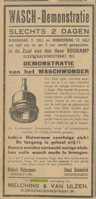Oldenzaalsestraat 91 Melching & van Ulzen Advertentie. Twentsch dagblad Tubantia en Enschedesche courant. Enschede, 10-07-1928..jpg