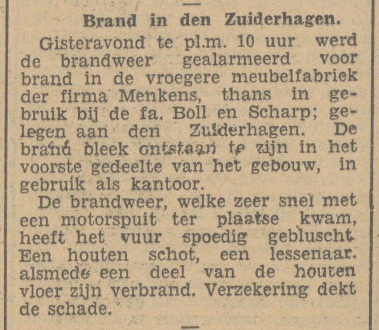 Zuiderhagen brand meubelfabriek  Menkens thans Boll en Scharp krantenbericht2-6-1931.jpg