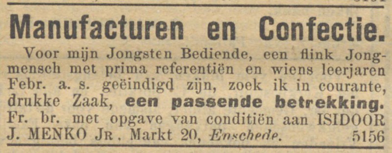 Markt 20 Isidoor J. Menko Jr. advertentie Nieuw Israelietisch Weeklblad 6-12-1912.jpg