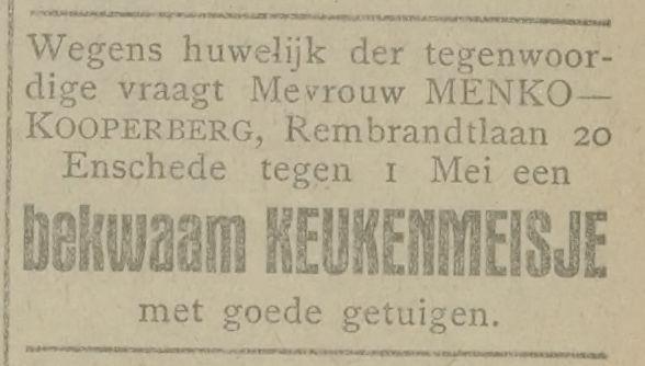 Rembrandtlaan 20 Mevr. Menko-Kooperberg advertentie Tubantia 17-1-1920.jpg