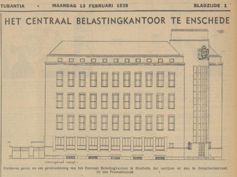 Hengelosestraat 75 tekening ontwerp belastingkantoor krantenbericht Tubantia 13-2-1939.jpg