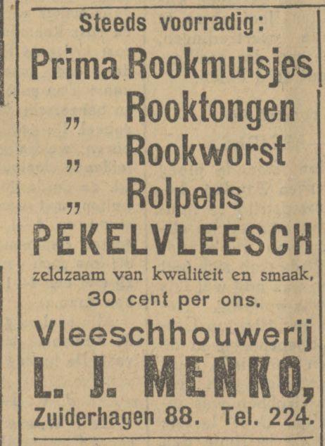Zuiderhagen 88 L.J. Menko Vleeschhouwerij advertentie Tubantia 1-11-1927.jpg