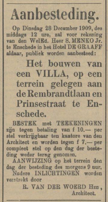 Prinsestraat 1 hoek Rembrandtlaan S. Menko Jr. advertentie Tubantia 11-2-1909.jpg