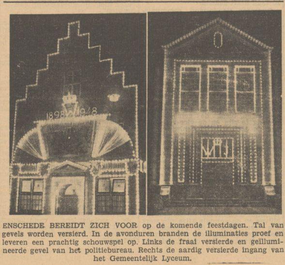 Haaksbergerstraat Politiebureau en Gemeentelijk Lyceum verlicht krantenfoto 27-8-1948.jpg