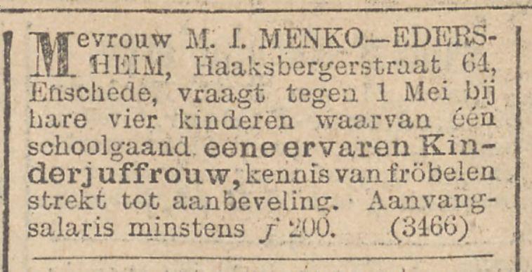 Haaksbergerstraat 64 Mevr. Menko advertentie 1-3-1913.jpg