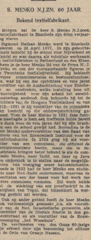 S. Menko N.Jzn 60 jaar krantenbericht Algemeen Handelsblad 22-4-1937.jpg
