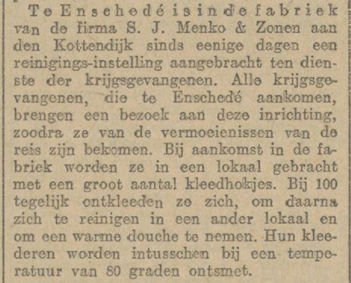 Kottendijk Firma S.J. Menko en Zonen reinigingsinstelling voor krijgsgevangenen krantenbericht 11-1-1918.jpg
