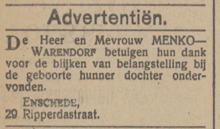 Ripperdastraat 29 Menko-Warendorf advertentie Tubantia 13-8-1915.jpg