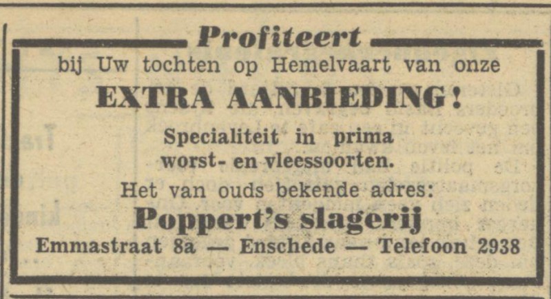 Emmastraat 8a Poppert's slagerij advertentie Tubantia 16-5-1950.jpg